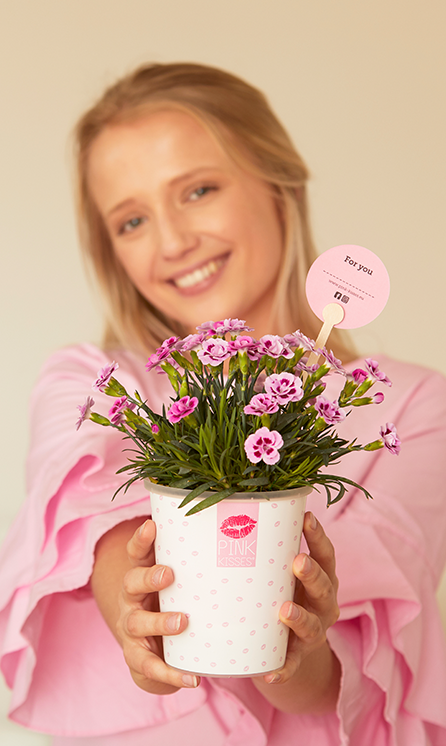 A smiling young female holds up Pink Kisses mini-carnations in a cachepot with small pink pouts. The Friendstick in the pot has "For you" on the back. A line of dashes underneath is for you to sign.